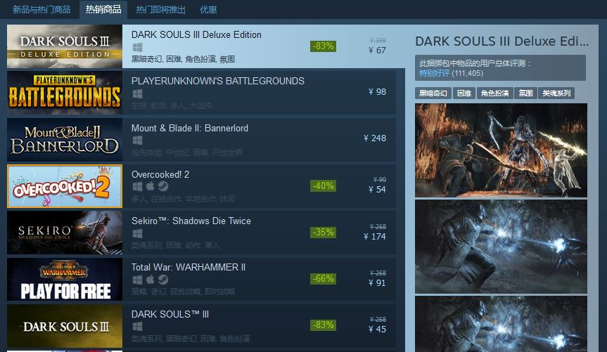 67元史低促销《黑魂3:豪华版》登顶Steam热销榜