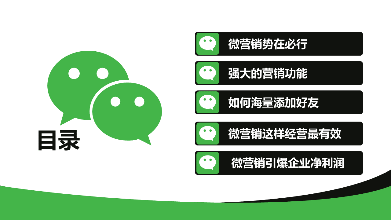 36页逻辑通顺、排版大气的微信营销手册PPT模板，人人都有份！