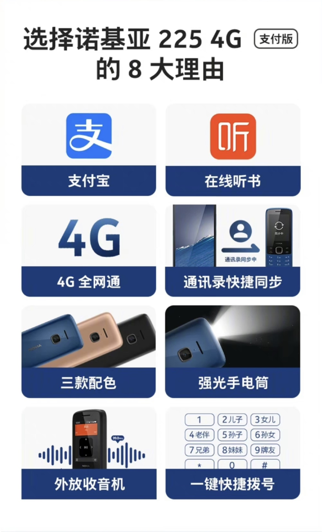 老年人神器诺基亚225 4G支付版发布，最低304元