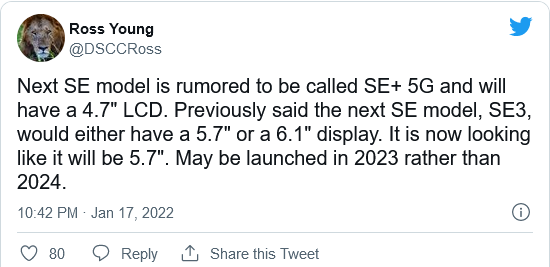 据称配备5.7英寸显示屏的iPhone SE 5G最早将于2023年上市