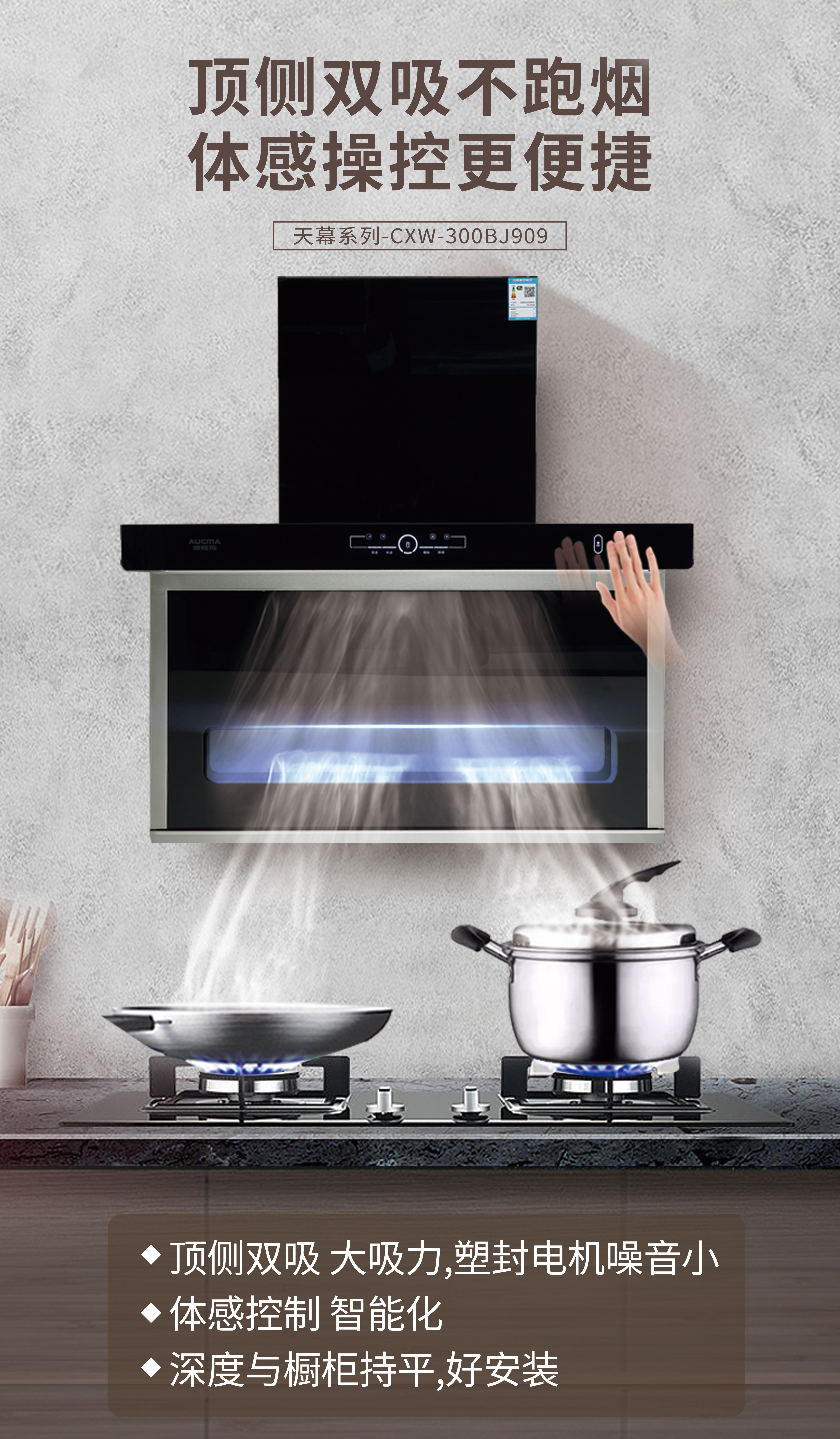 澳柯玛"顶侧双吸"油烟机，抽取油烟更干净