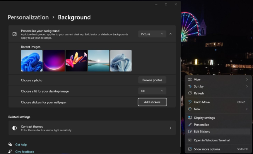 微软 Win11 桌面贴纸功能上手体验：可自定义图案、调整大小